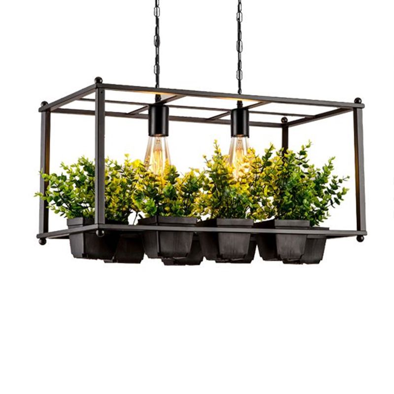 Metal Rectangular Cage Island Light Industrial Industrial 2-Bulb Living Room Pendant Light avec faux pot de plante en vert