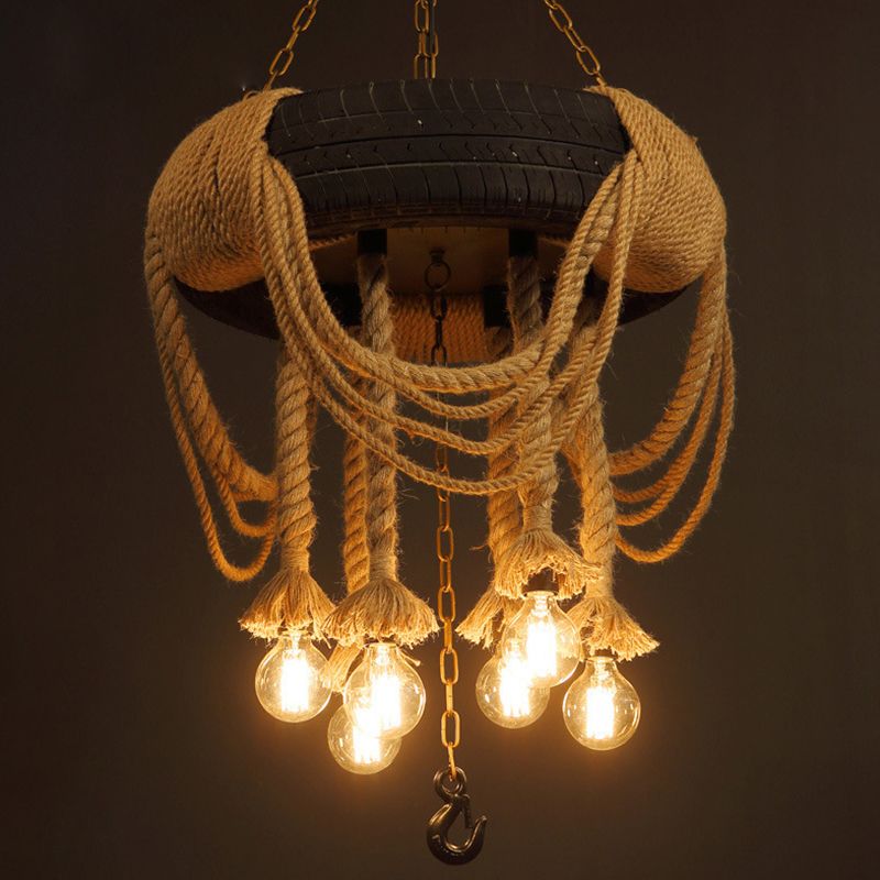 Black Tyre Chandelier Factory Rubber 6-Bulb Bistro Suspension Lamp with Hemp Rope
