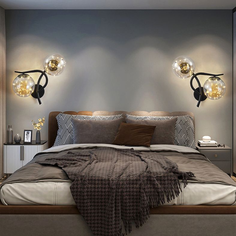 2-Lights Branch Metal Arm Sconce Lights Globe Glass Shade Nordic Style LED Wall Mount Lamp