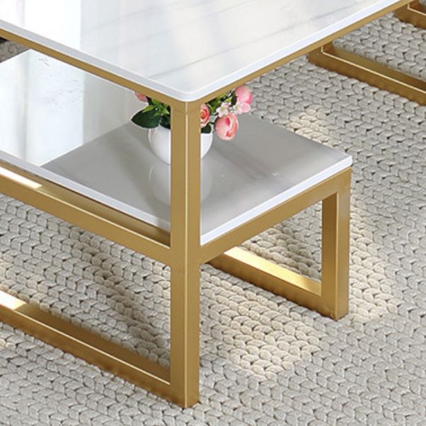 Glam Rectangle Marble Top Table with 2 Storag Shelves and Iron Base
