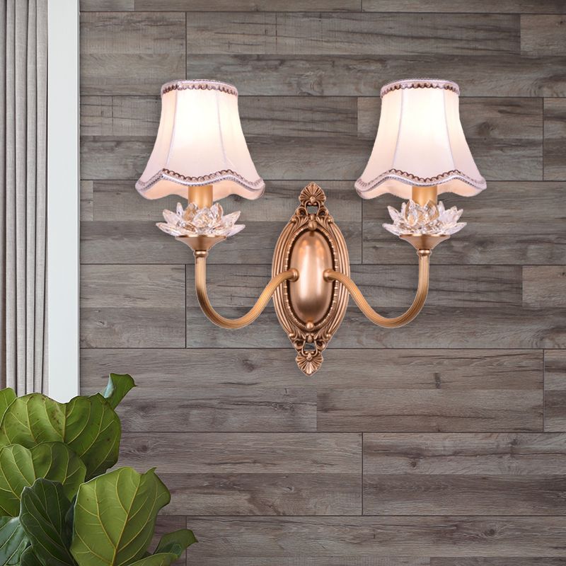 2 Heads Crystal Wall Lamp Traditional Brass Scalloped Living Room LED Wall Sconce Light