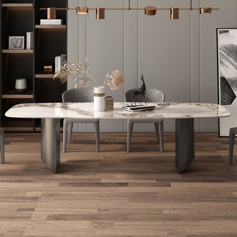 Rectangular Stone Dining Table Modern Green White Gold Furniture with Double Pedestal