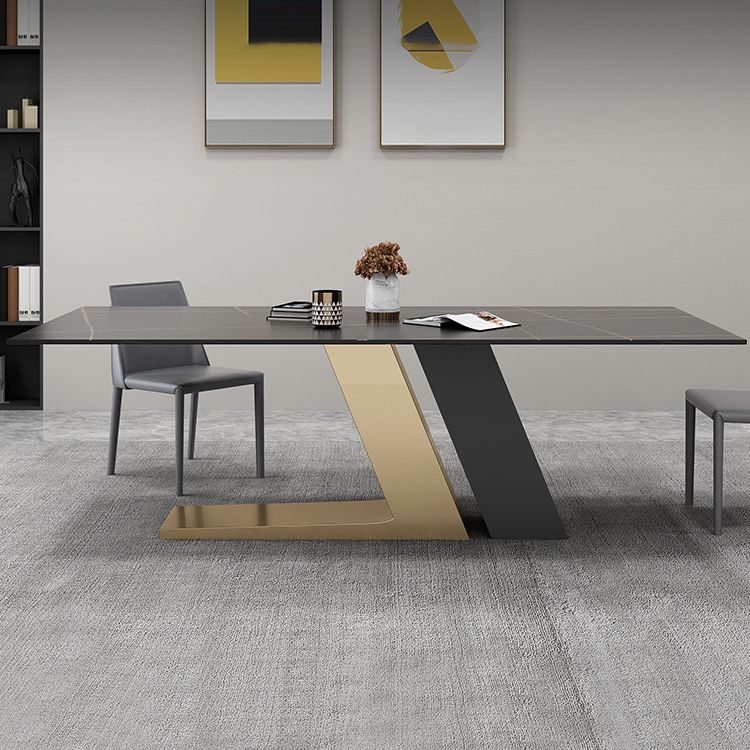 Gold Metal Base Rectangle Table Modern Black and White Sintered Stone Top Dining Table