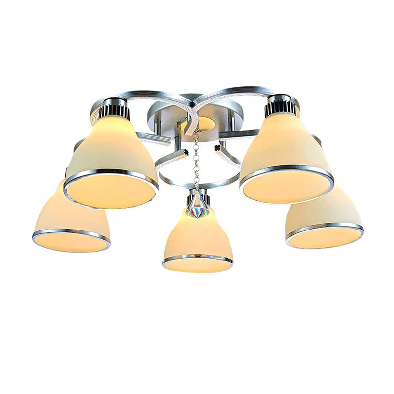 Cone Semi Flush Modern Crystal 5 Lights Living Room Semi Flush Ceiling Light in Chrome with Opal Glass Shade