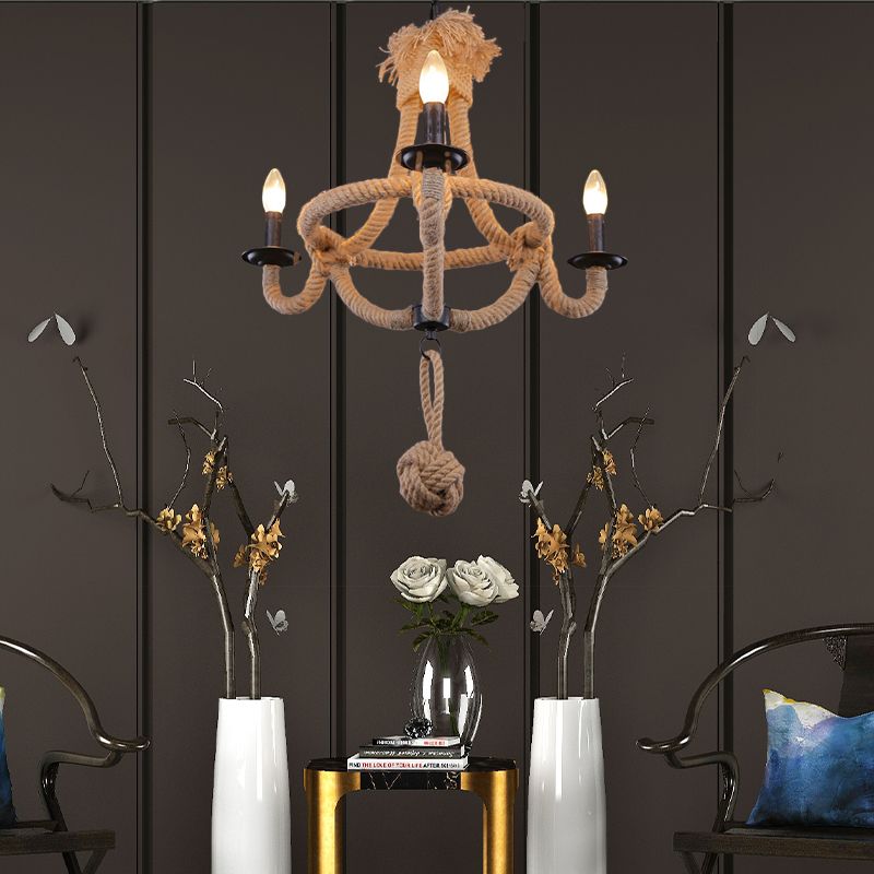 3 Heads Bowl Cage Hanging Light Country Style Brown Rope Hanging Lamp with Open Bulb for Restaurant