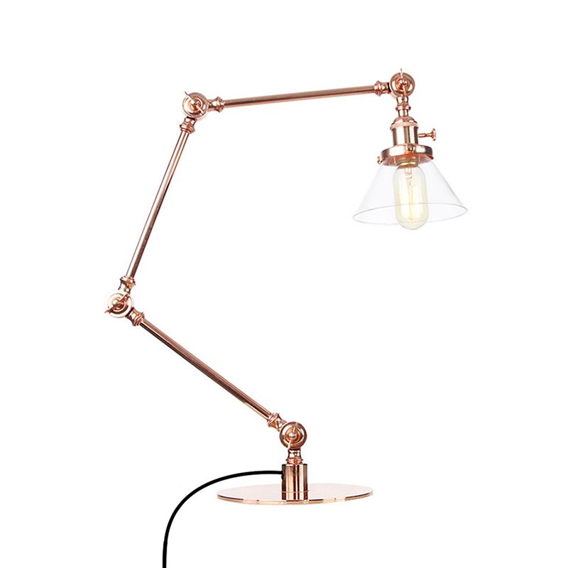 Table conique de style industriel clair Ambre / verre transparent et métal 1 lampe de table de chambre à coucher légère avec bras réglable en noir / laiton