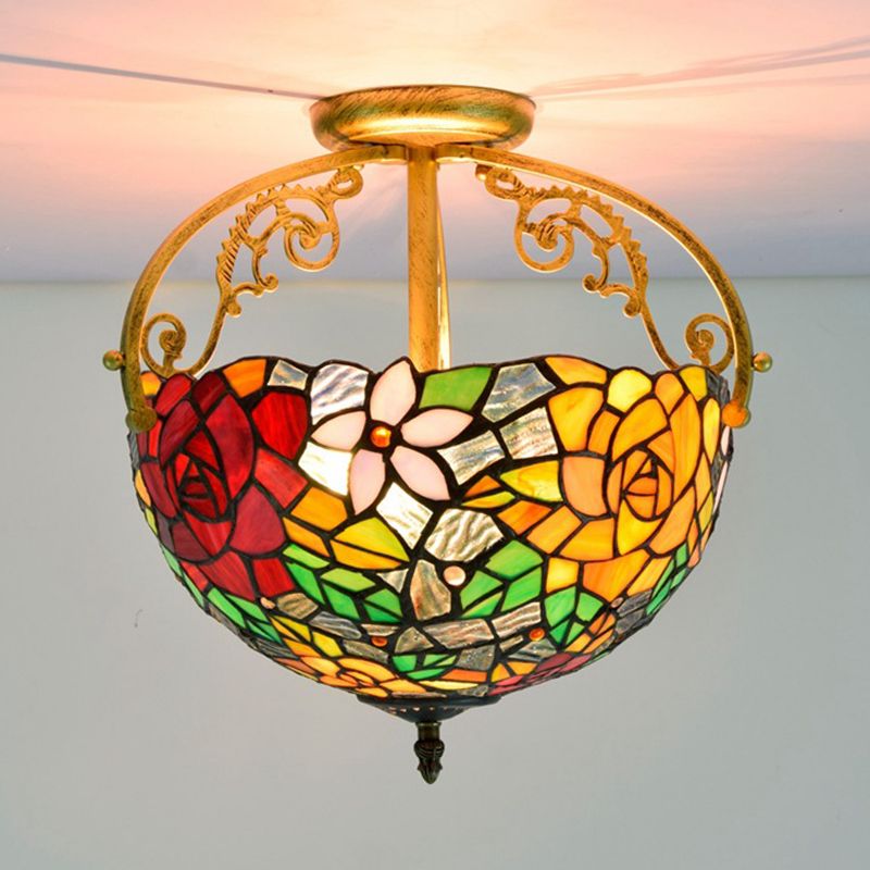 2 Lights Floral Bush Semi Flush Light Fixture Victorian Red/Pink/Green Cut Glass Ceiling Flush for Corridor
