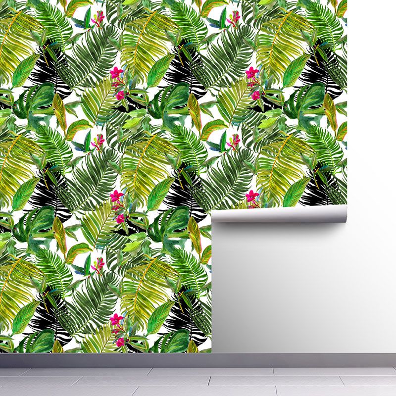 Green and Red Minimalist Wallpaper 29.1 sq ft. Palm Tree Wall Covering for Thai Restaurant