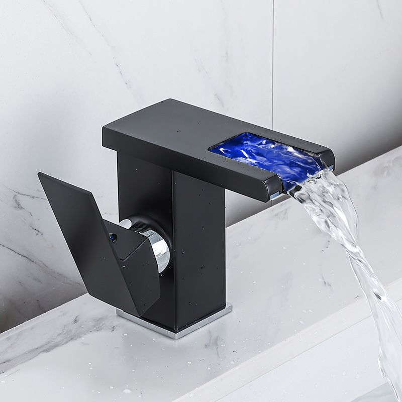 Waterfall Spout Vessel Sink Faucet Square Lever Handle with LED Three-Color Light