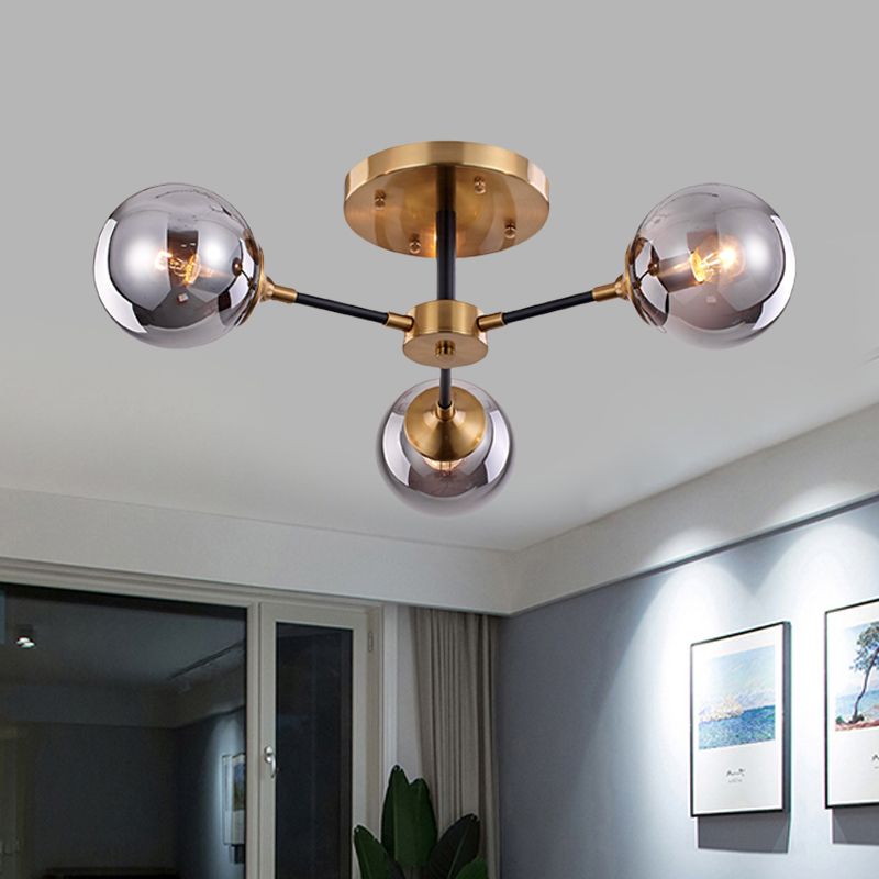 Postmodern Radial Smoke Glass Semi Flush 3/6 Heads Flush Mount Ceiling Chandelier in Brass and Black