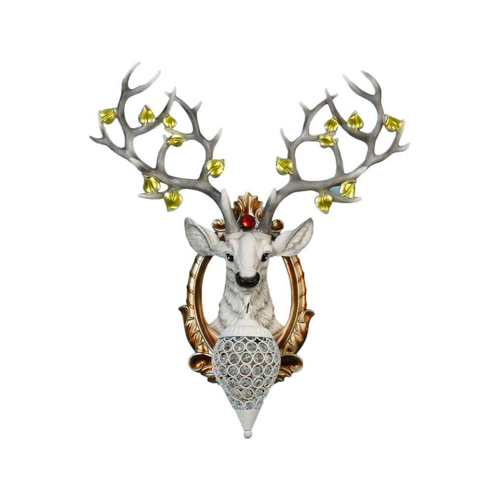 White/Brown Elk Mount Light Country Style Resin 1 Light Wall Donce con sombra de cristal para sala de estar, 19.5 "/23.5" W