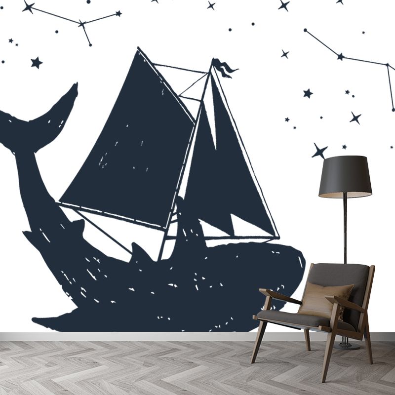 Huge Sailing Whale Mural Wallpaper Modern Fantasy Constellation Wall Decor in Black-White