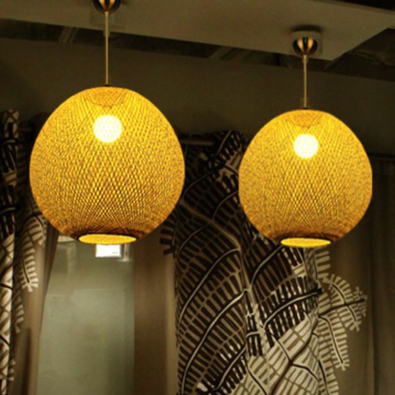 Beige Globe Pendant Light Fixture Chinese 1 Bulb Bamboo Suspension Lighting for Living Room