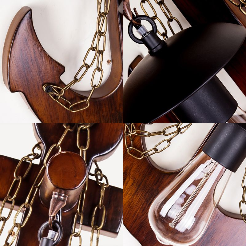 Nackte Glühbirne Metallwandbeleuchtung Vintage 1 Kopf Esszimmer Wandleuchte in Schwarz mit Holzankerdekoration