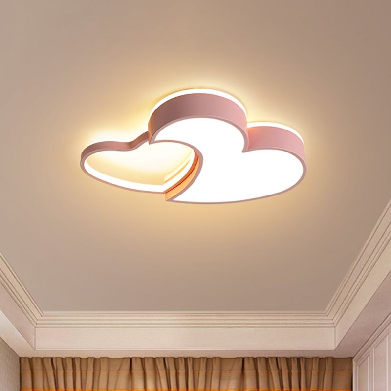 Double-Heart Kids Room Flush Light Acrylic Macaron Surface Mounted LED Ceiling Lamp in Pink/Blue/Gold, 21.5"/25.5" Wide