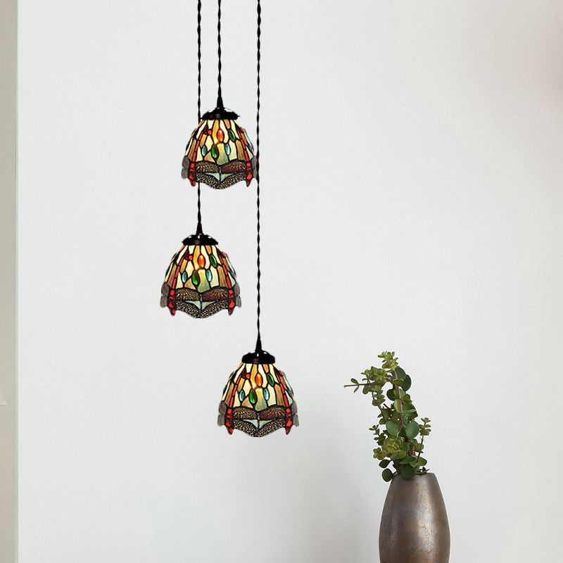 3-Head Ceiling Lamp Tiffany Domed Stained Glass Cluster Pendant Light in White/Red/Yellow with Dragonfly/Grape/Rose Pattern