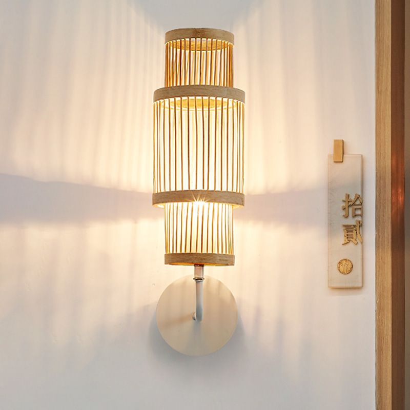 Cylinder Wall Lamp Fixture Asian Style Bamboo Single Bulb Wood Wall Lighting with Curved Arm for Restaurant