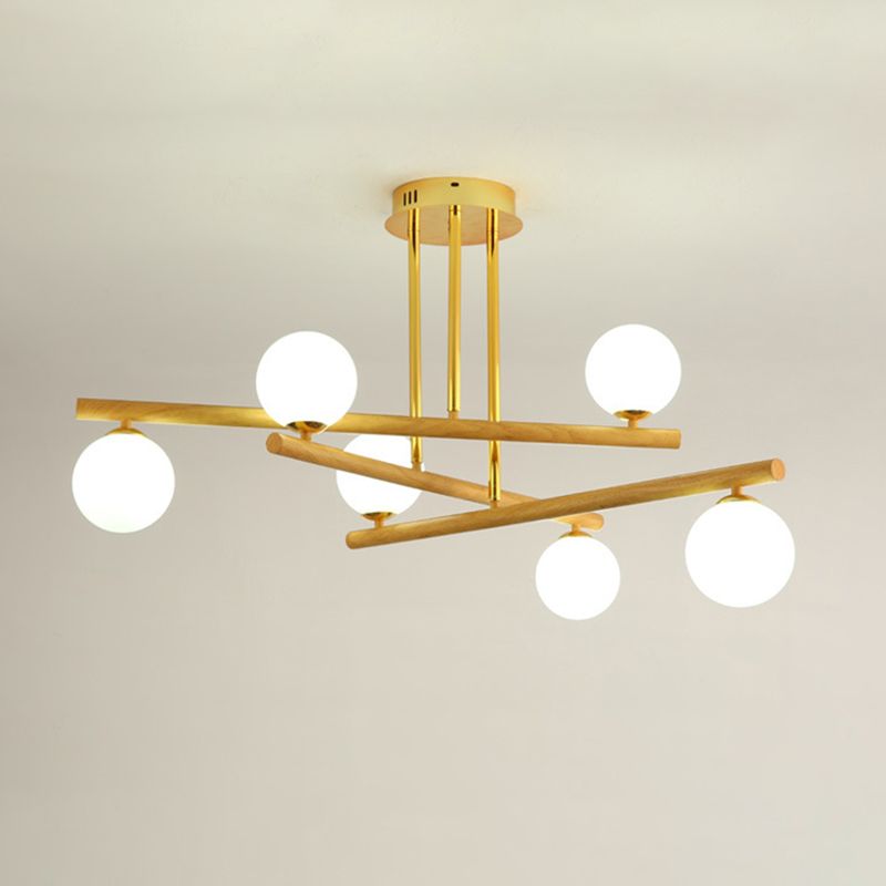 White Glass Bubble Chandelier Modern Gold and Wood Grain Hanging Light for Living Room