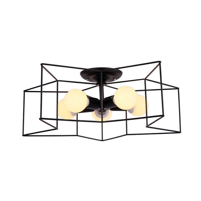 Black Caged Semi Flush Ceiling Light Industrial Iron 1-Light Corridor Flush Mount Light