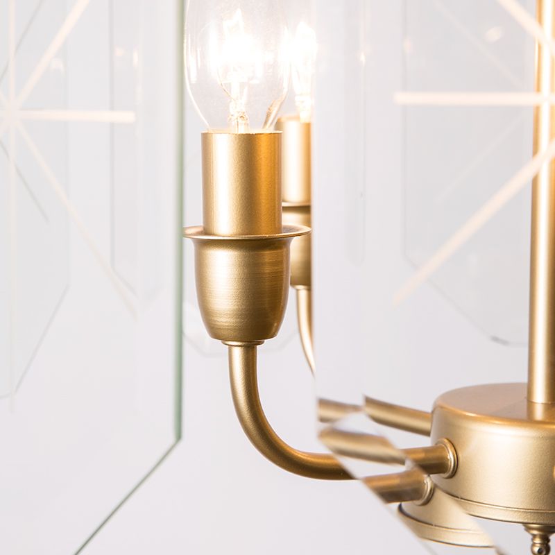 Modernisme cilinder plafond kroonluchter helder glas 5 koppen hangende verlichtingsarmatuur in messing voor restaurant