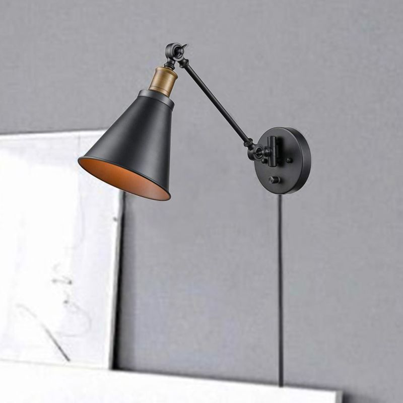 1 ampoule en fer mural clair clair vintage noir swing bras de salon applique lampe à la teinte du cône