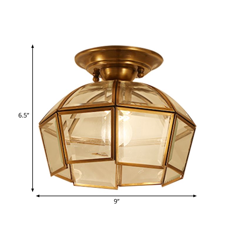 Plafonnier biseauté colonialiste, 1 ampoule, luminaire encastré en verre transparent, en laiton
