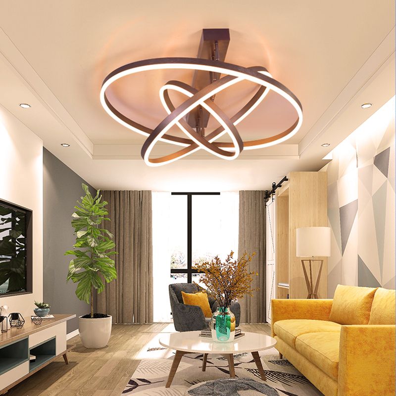 Circular LED Semi Flush Mount Lighting Simplicity Metal Bedroom Ceiling Lamp in Coffee