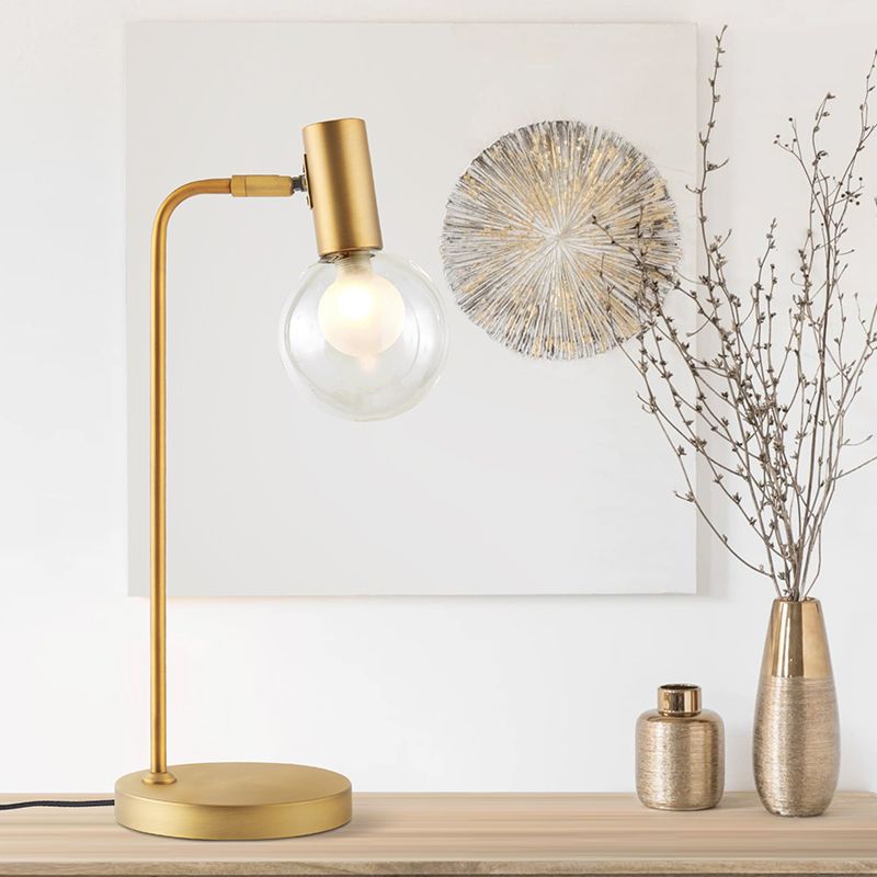 Lujosa lámpara de mesa de 1 luz, iluminación nocturna esférica dorada con pantalla de cristal transparente/gris humo para dormitorio