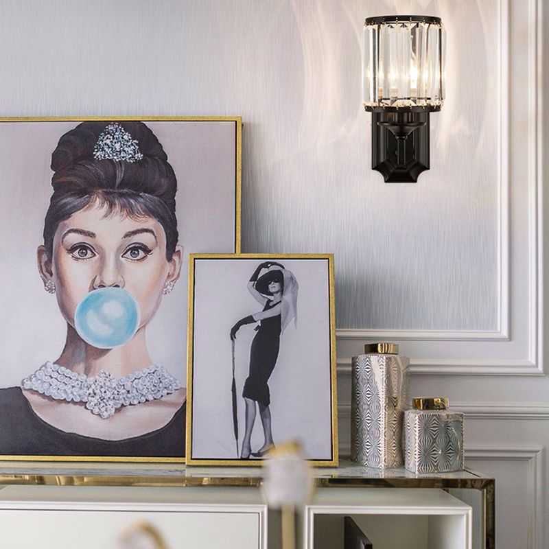 Metallic Cylinder Wall Lamp Fixture Modern 1 Light Wall Sconce with Clear Crystal Prism in Black for Corridor