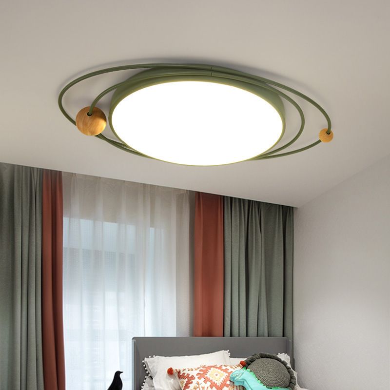 Drum Flush Lamp with Orbit Design Nordic Style Metal Led Indoor Flush Ceiling Light in Green/Grey/White, 21"/26"/31" W