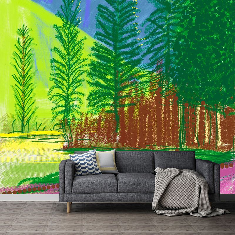 Cypress Landscape Painting Murals Modern Art Non-Woven Cloth Wall Decor in Blue-Green