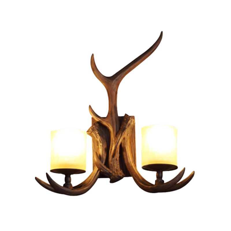 Lámpara de pared de cilindro marrón Vidrículas rústicas 2 bulbos Luz de la pared de la sala de estar con asta decorativa