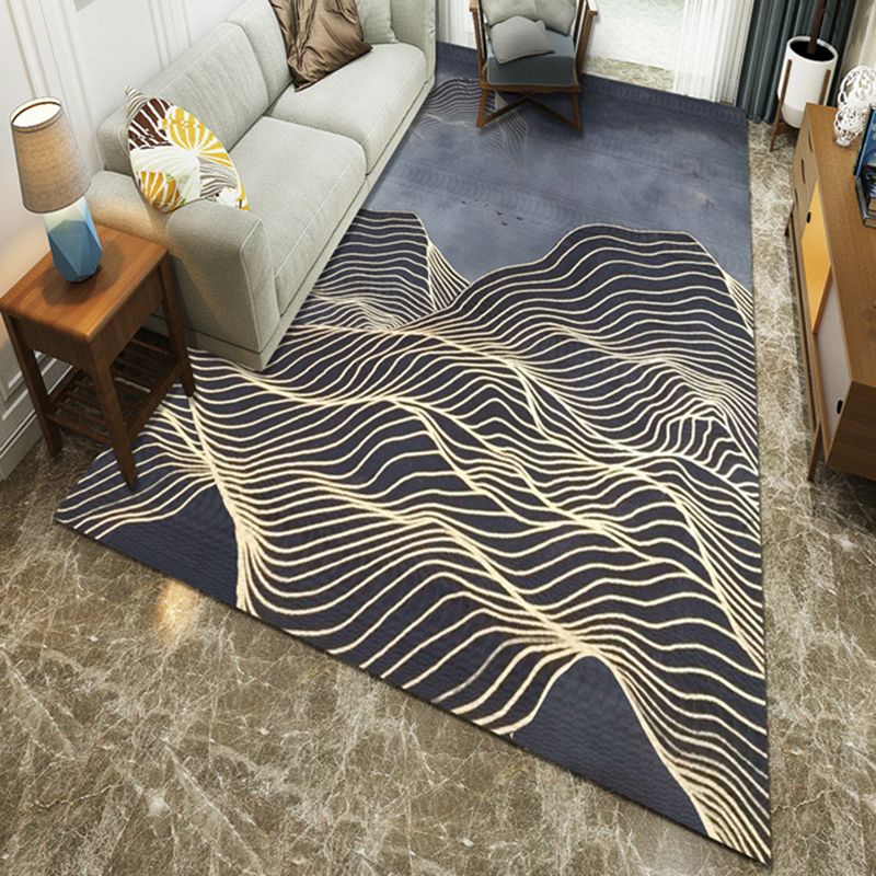 Blue Modern Style Polyester Area Rug with Curved Line Pattern Washable Living Room Area Rug