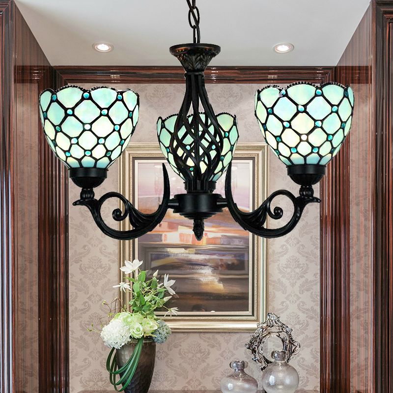 Blue Glass Bowl Hanging Chandelier with Bead Traditional 3 Lights Indoor Lighting for Foyer