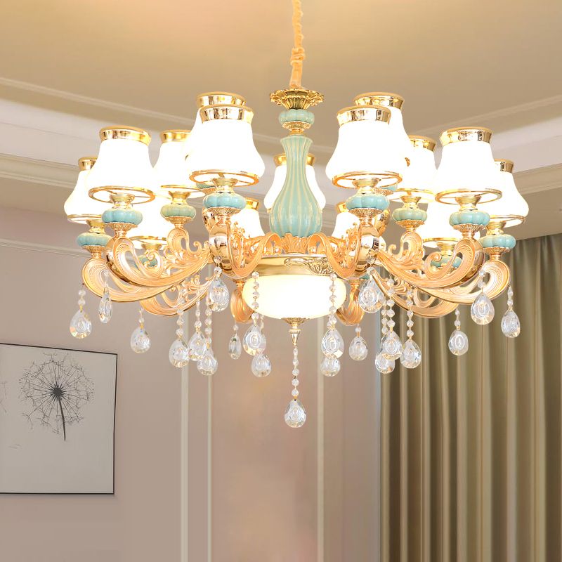 Handblown Glass Gold Chandelier Light Bud Retro Pendant Light Fixture with Crystal Accent