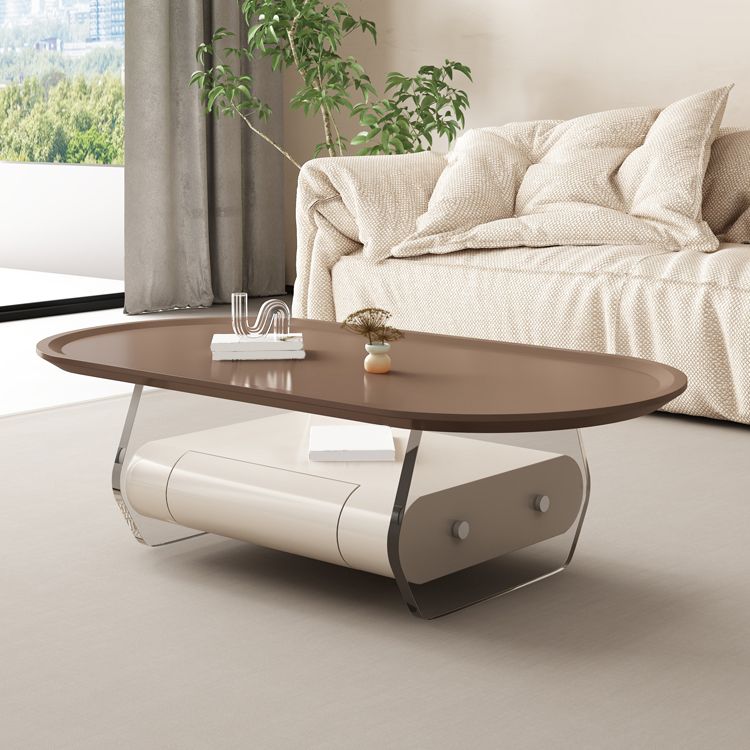 Brown Elliptical Coffee Table 15.7" H 1-Shelf & 1-Drawer Cocktail Table with Acrylic Legs