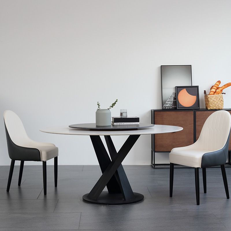 Hedendaagse ronde eettafel gesinterde stenen tafel met zwarte voetstukbasis, 47.2 "l x 27.6" w x 30 "h