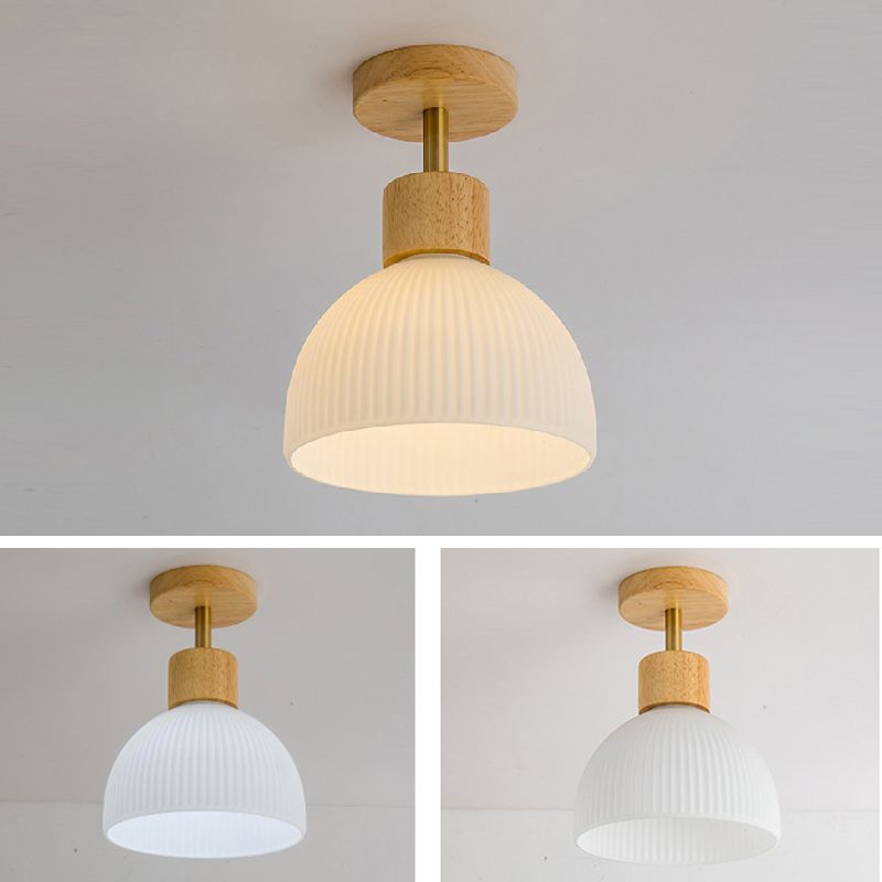 Modern Ceiling Lamp Wooden Flush Mount Light Fixture with Glass Shade for Bedroom
