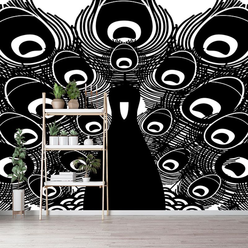 Tropical Peacock Illustration Mural Wallpaper for Sitting Room Wall Covering in Soft Color