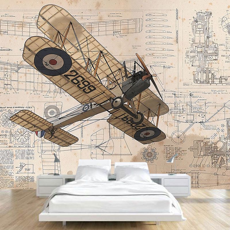 Old Airplane Wall Mural Decal for Children's Bedroom, Neutral Color, Customized Size Available
