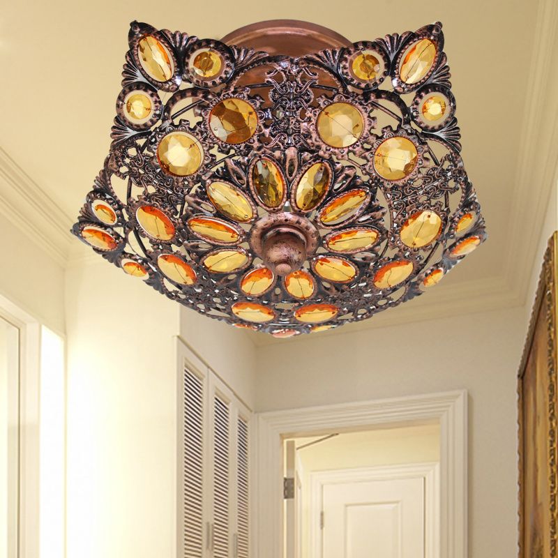 Metal Shade Brass Flushmount Lighting Hollow 3 Heads Bohemian Ceiling Mount for Hotel