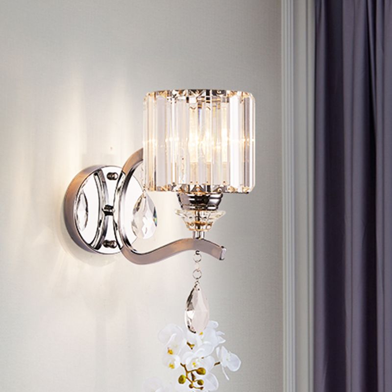 Cylinder Wall Light Sconce Modern Crystal Block 1 Light Bedroom Wall Mounted Light in Chrome