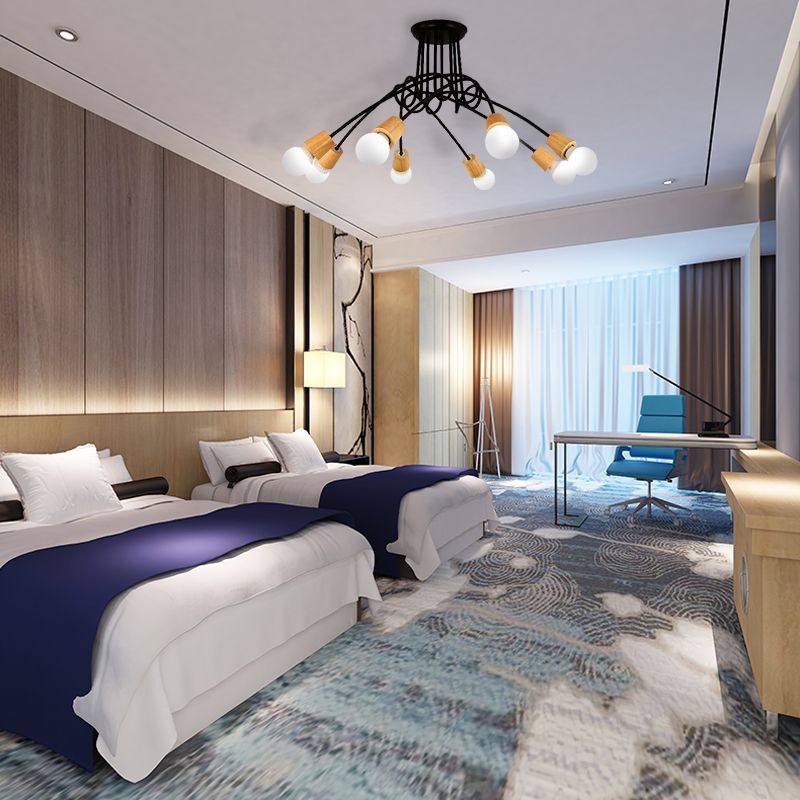 Metal Open Bulb Ceiling Light Fixture with Twisted Arm Loft Style 3/5 Lights Kitchen Semi Flush Pendentif Light in Wood