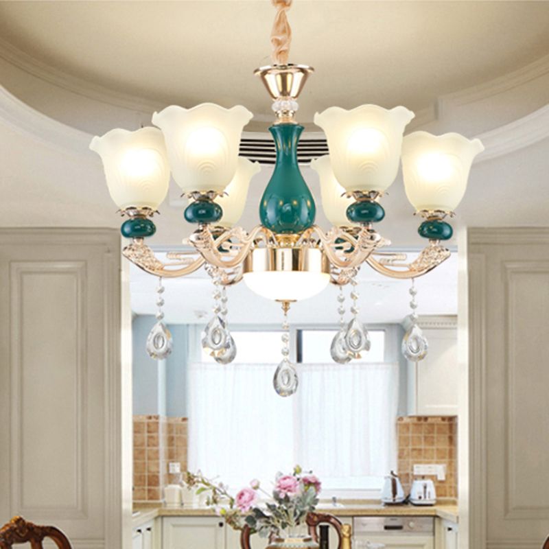 Traditional Ruffle Bell Suspension Light Cream Glass Chandelier Light with Hanging Crystal in Green