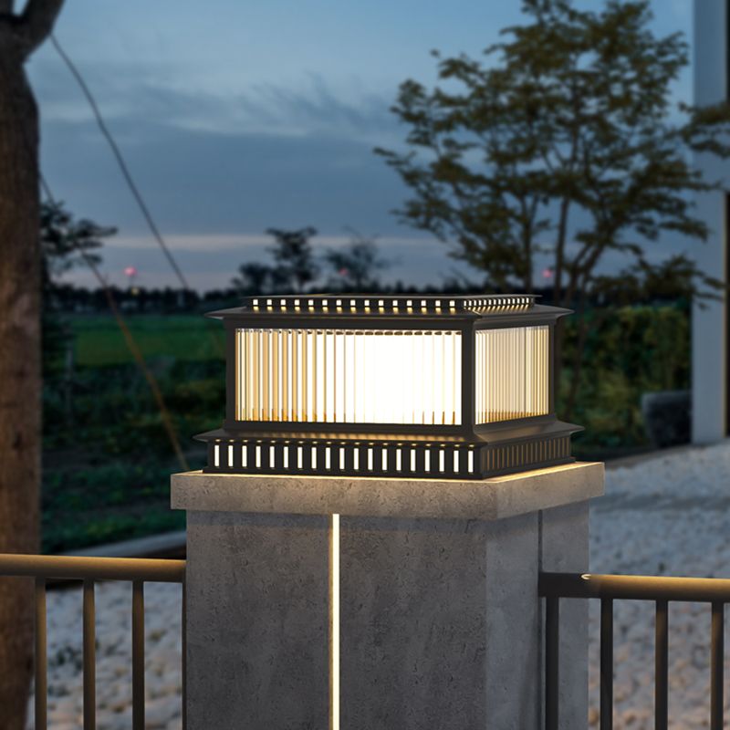 Modern Pillar Lamp Stainless Steel Outdoor Light in Black for Courtyard