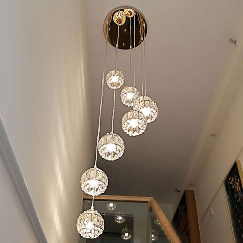 Crystal Encrusted Sphere Multi-Light Pendant Modern Style Ceiling Hanging Lantern in Gold for Staircase