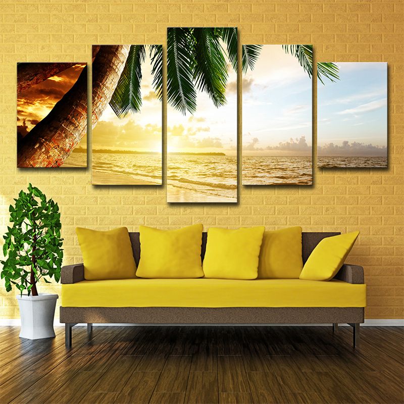 Beach Palm Tree Canvas Art Tropix Beautiful Sunset above Sea Scene Wall Decor in Gold