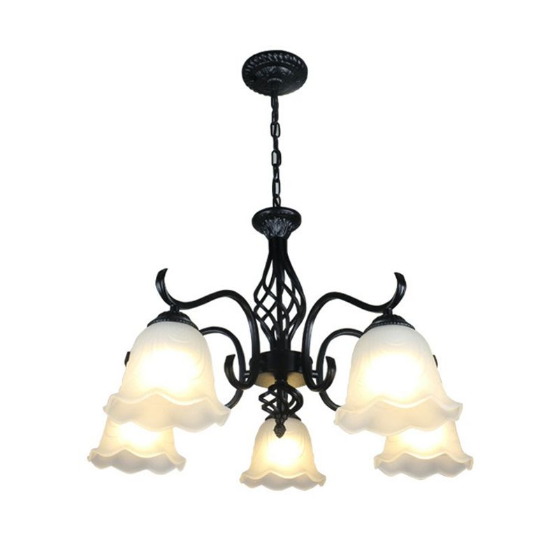 Rustic Bell Shade Ceiling Lighting Cream Glass Chandelier Light Fixture in Black for Bedroom