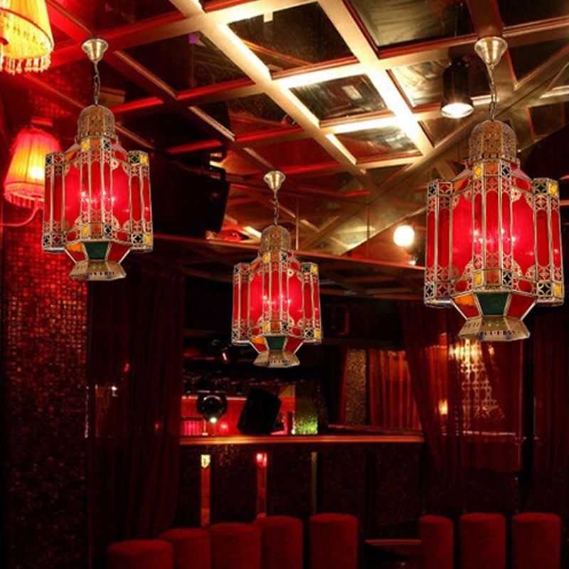 Traditional Lantern Hanging Lamp 4 Lights Red Glass Chandelier Lighting Fixture in Brass for Restaurant