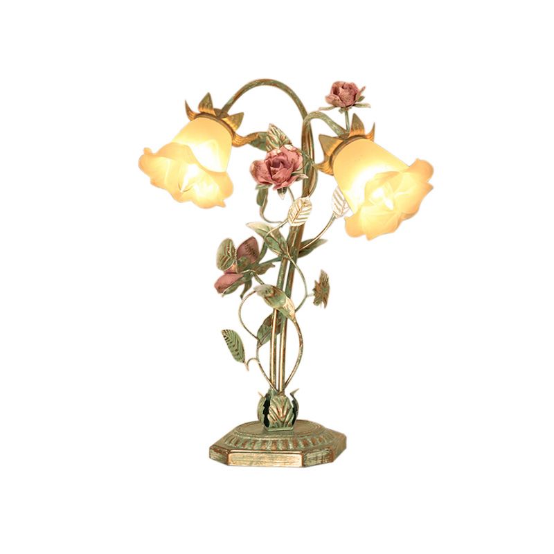 Table de nuit à chambre évasée légère métal pastoral 1/2 lumières lampe de nuit verte avec décoration de fleur